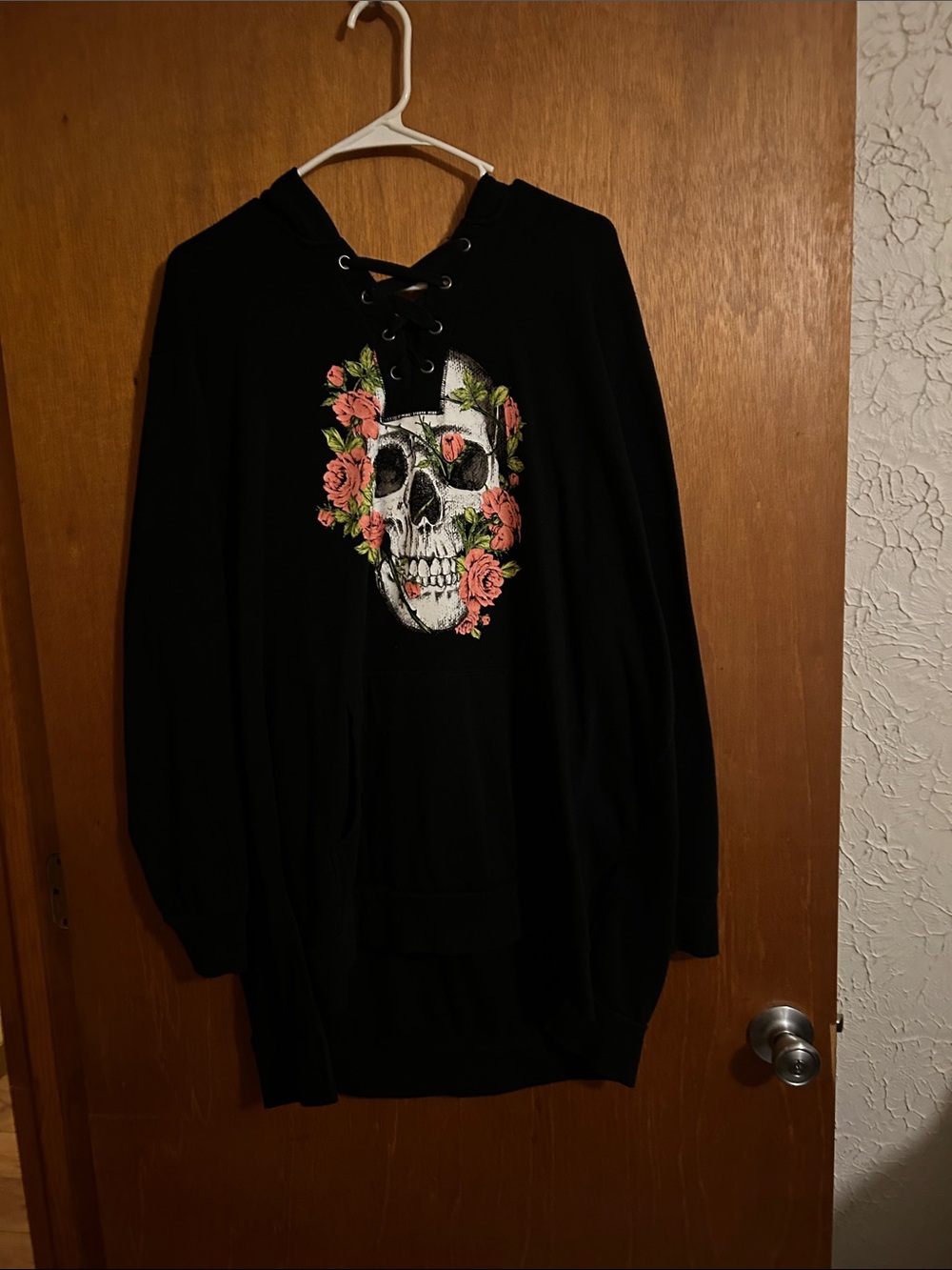 torrid Black Lace-Up Hoodie with Floral Skull Graphic